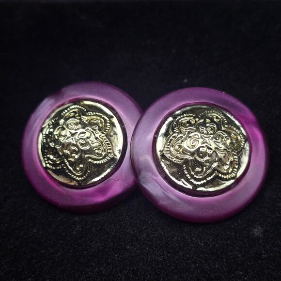 Marbled Purple Acrylic Medallion Earrings Clip On Vintage 1980s Jewelry - Picture 1 of 6